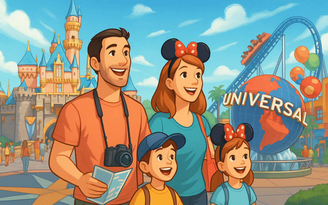 Illustration of a family enjoying Disneyland and Universal Studios in California, with roller coasters, characters, and sunny skies