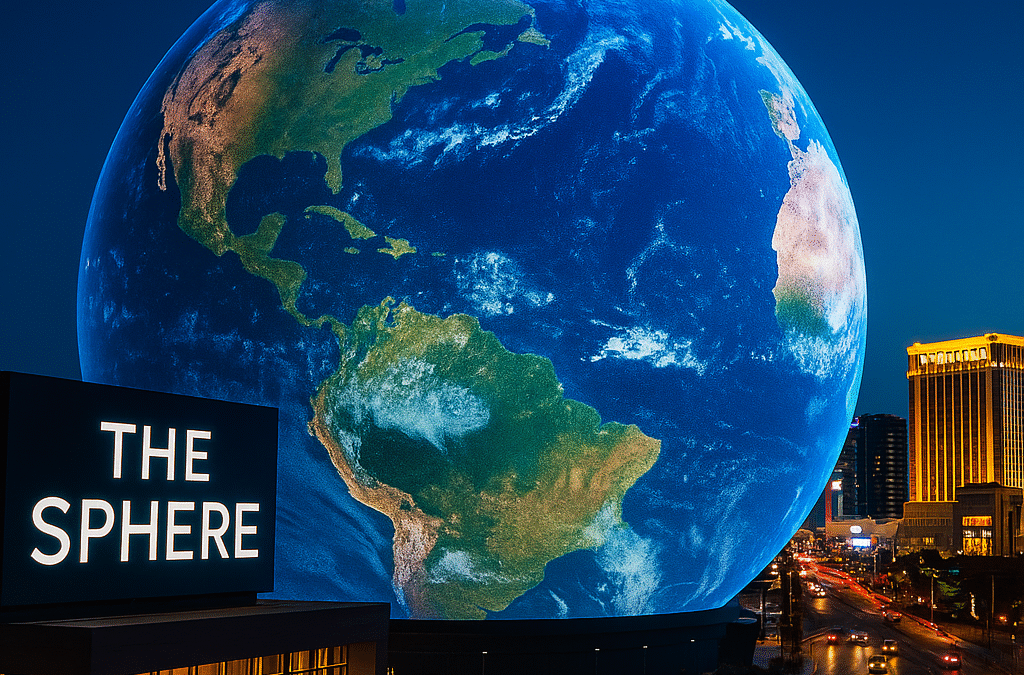 High-resolution photo of The Sphere in Las Vegas illuminated at night, showcasing its massive spherical LED display with vibrant animated visuals.