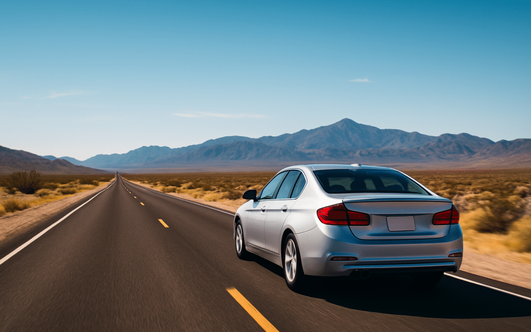 A rental car driving on a sunny American highway through open desert, with blue sky and distant mountains.