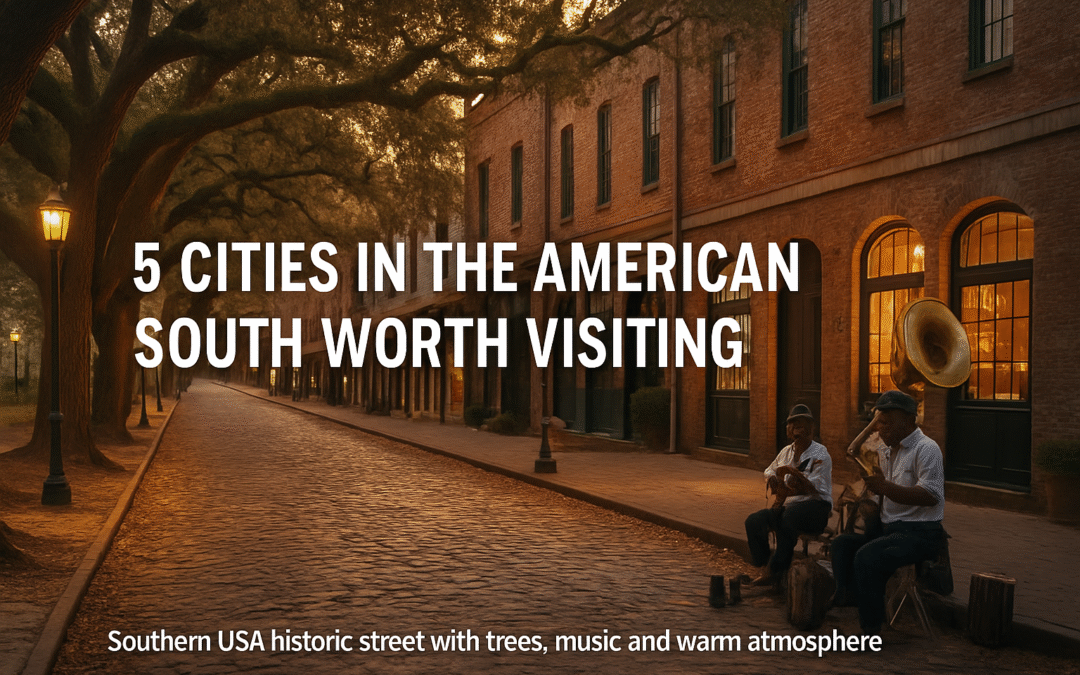 American South travel scene with historic streets and live music